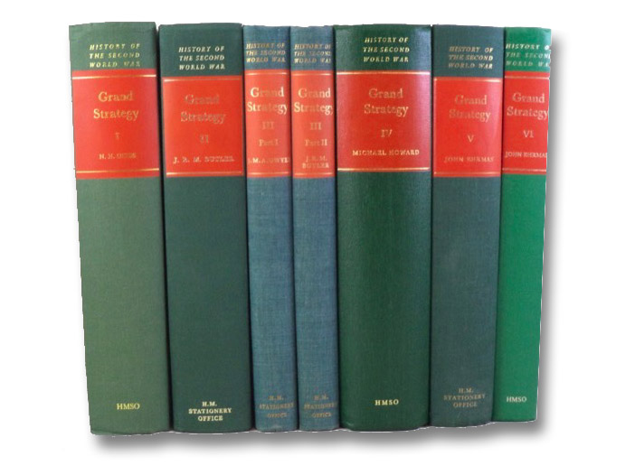 Grand Strategy, in Seven Volumes: Rearmament Policy; September 1939 - June 1941; June 1941 - August 1942 (Parts I & II); August 1942 - September 1943; August 1943 - September 1944; October 1944 - August 1945 (History of the Second World War United Kingdom Military Series), Gibbs, N.H.; Butler, James, R.M.; Gwyer, J.M.A.; Howard, Michael; Ehrman, John Grand Strategy, in Seven Volumes: Rearmament Policy; September 1939 - June 1941; June 1941 - August 1942 (Parts I & II); August 1942 - September 1943; August 1943 - September 1944; October 1944 - August 1945 (History of the Second World War United Kingdom Military Series), Gibbs, N.H.; Butler, James, R.M.; Gwyer, J.M.A.; Howard, Michael; Ehrman, John